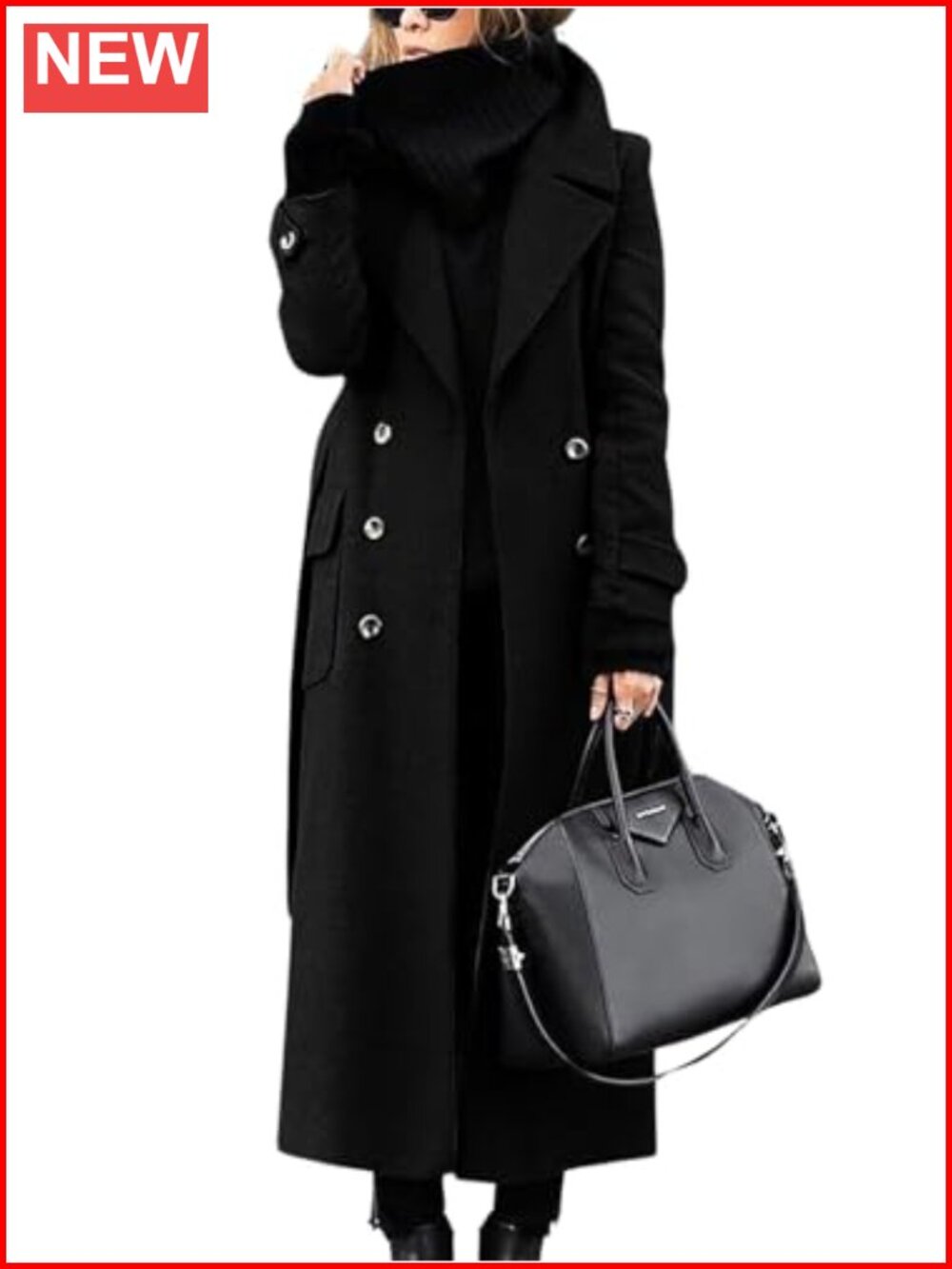 Women's Double Breasted Wool Blend Pea Coat Long Winter Trench Coat with Belt